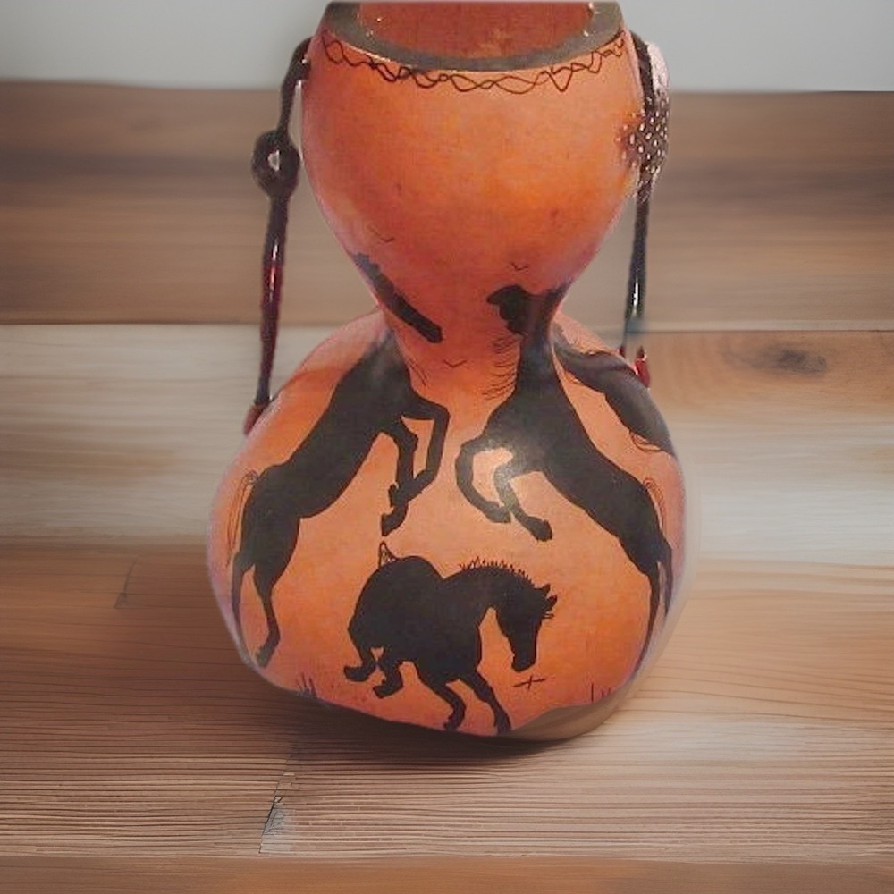 Vtg Native American Art Gourd Pot Horses Western Artist Signed Osti Hand Painted